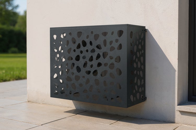 Dekorative Klimaanlagenverkleidung mit Steindesign an einer Hauswand