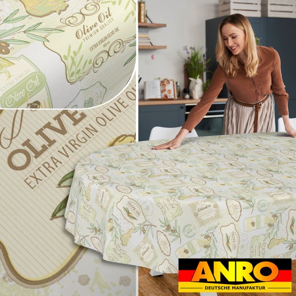 Abwaschbare Tischdecke mit Olivenöl-Motiven und Olivenzweigen auf einem Esstisch, Detailansicht des Materials und ANRO Logo.
