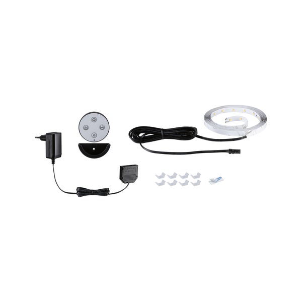 LED-Streifen-Set inklusive LED-Band, Netzteil, Fernbedienung, Halterung, Montageclips und Anschlusskabeln.