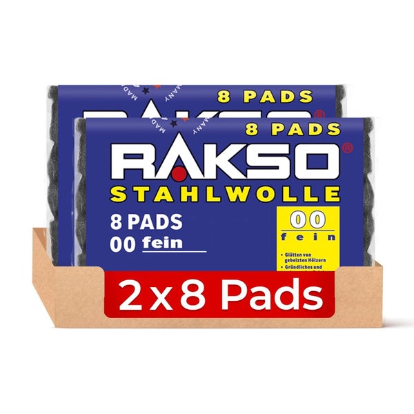 Rakso Stahlwolle 00 fein, zwei Packungen mit jeweils acht Pads.