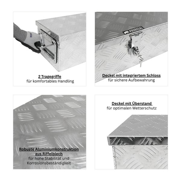 Detailansichten einer Aluminium-Transportbox aus Riffelblech mit zwei Tragegriffen, Schloss, überstehendem Deckel und Proregal Logo.