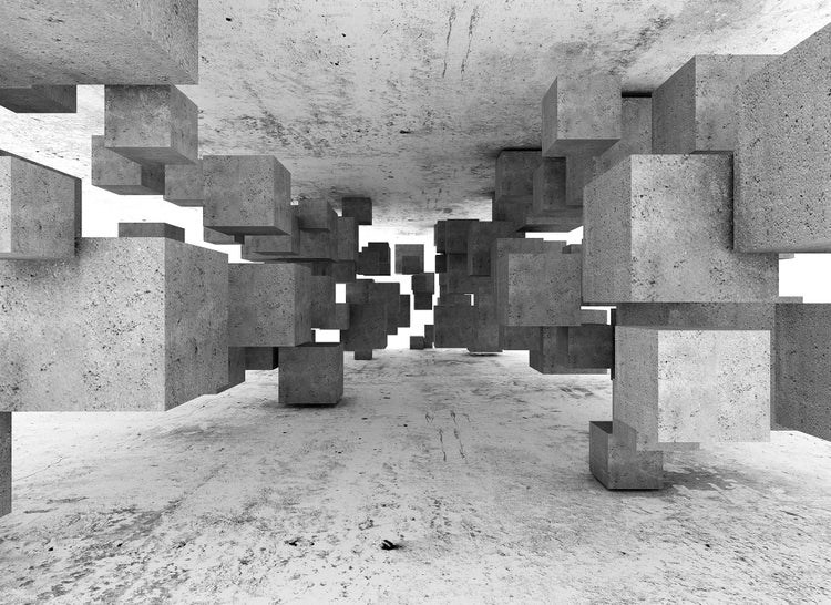 Fototapete mit 3D-Betonwürfeln in einem abstrakten, industriellen Raum.