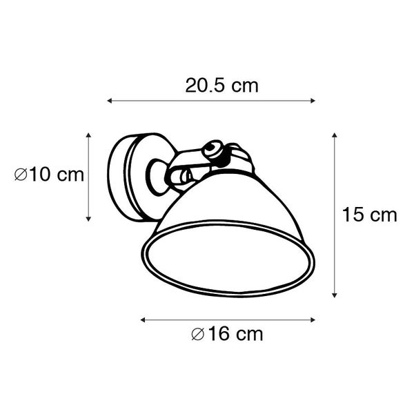Technische Zeichnung einer Wandleuchte mit den Maßen 20,5 cm Länge, 10 cm Durchmesser Wandhalterung, 15 cm Höhe und 16 cm Durchmesser Lampenschirm.