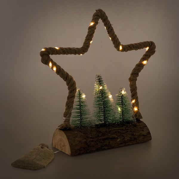 ECD Germany LED Jute Stern mit LED-Beleuchtung 33x9,5x30 cm, Deko Weihnachtsstern aus Seil mit 30 warmweißen LEDs, 3 Tannen, Jutesäckchen, Batterien, Timer, Weihnachtsbeleuchtung Weihnachtsdeko Innen