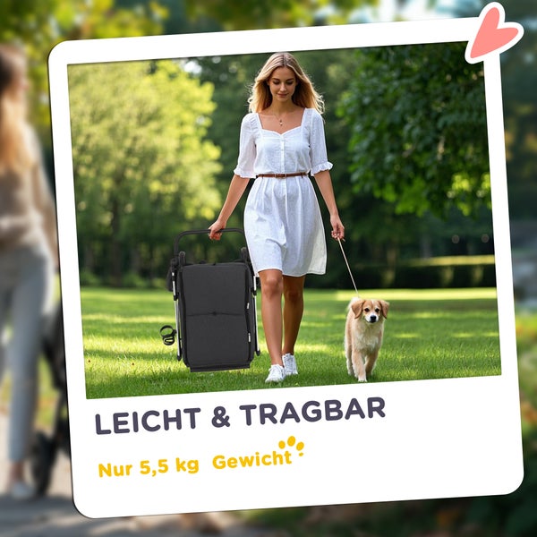PawHut Hundewagen leicht Hundebuggy aus Aluminium klappbar für Hunde & Katzen bis 10 kg Katzenbuggy mit Kissen Netzfenstern Türen Aufbewahrungskorb Katzenwagen Buggy Grau