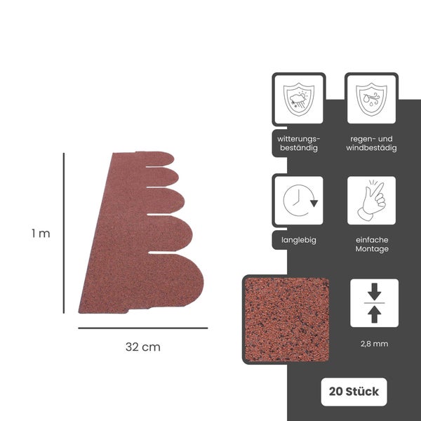 Bitumenschindeln 1 Meter mal 32 Zentimeter, 2,8 Millimeter dick, witterungsbeständig, langlebig, einfache Montage, 20 Stück.