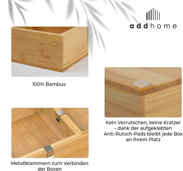 Detailansichten einer Schubladenbox aus 100 Prozent Bambus mit Metallklammern zum Verbinden und Anti-Rutsch-Pads, addhome Logo.