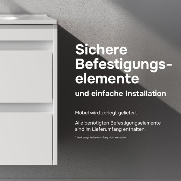 Badezimmermöbel mit Informationen zur Befestigung und Montageanleitung auf der Wand.