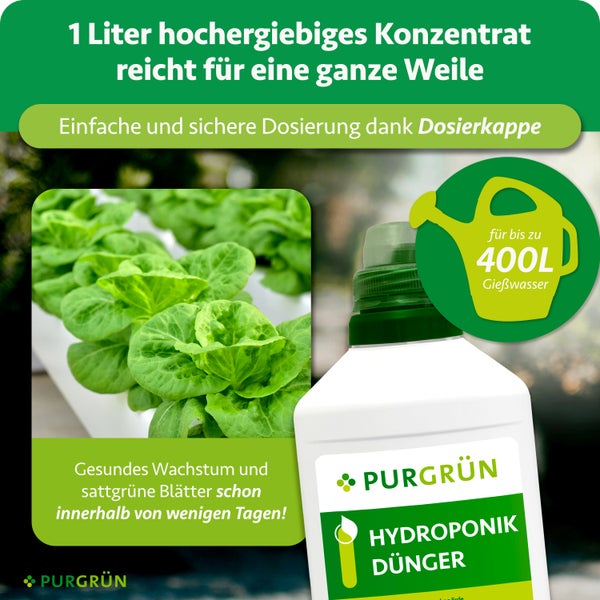 Purgrün Hydroponik Dünger, 1 Liter Konzentrat für bis zu 400 Liter Gießwasser, mit Dosierkappe für einfache Anwendung und gesundes Pflanzenwachstum.
