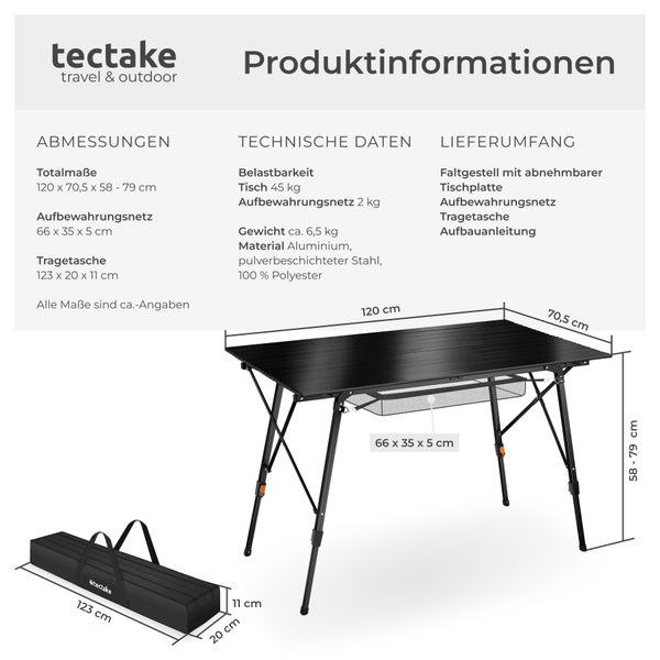 Campingtisch tectake Bastian 120 x 70,5 x 58 – 79 cm faltbar schwarz