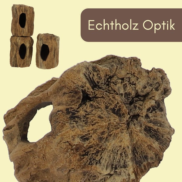 Aquarium- und Terrariumdekoration in Echtholz-Optik mit Öffnungen als Versteckplatz für Tiere.