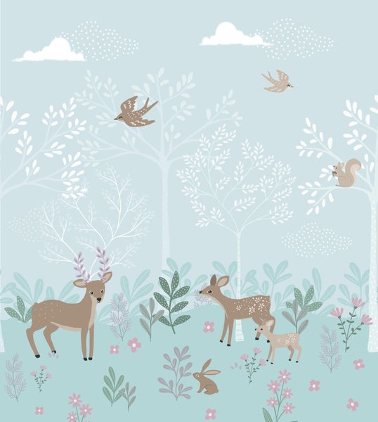 Illustration einer Waldszene mit Tieren und Bäumen