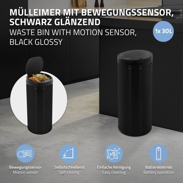 ML-Design Mülleimer mit Sensor 30L aus Edelstahl, Schwarz, Rund, automatisches Öffnen & Schließen, Abfalleimer berührungslos, Müllbehälter mit Bewegungssensor, LED-Anzeige, Klemmring, für Küche & Büro
