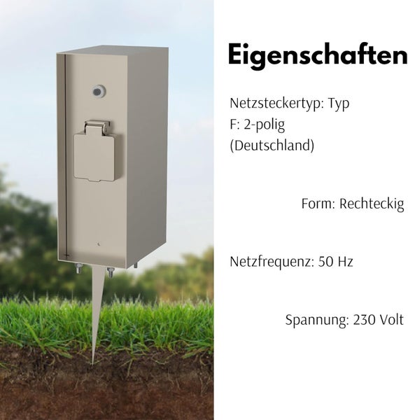 Rechteckige Außensteckdose mit Erdspieß und technischen Daten: Netzsteckertyp F 2-polig, Netzfrequenz 50 Hertz, Spannung 230 Volt.