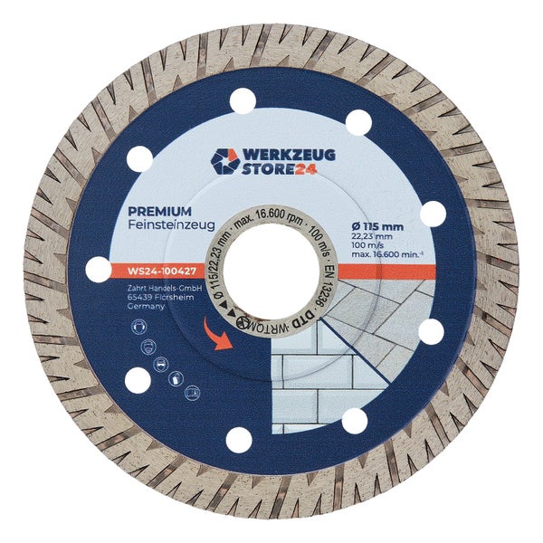 Feinsteinzeugtrennscheibe mit zehn Millimeter W-Segmentprofil und verstärktem Mittelflanschbereich