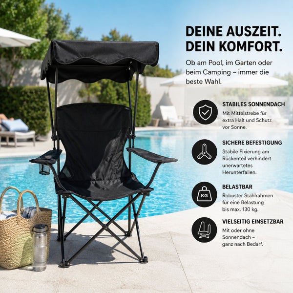 Campingstuhl mit Sonnendach und Getraenkehalter fuer Garten und Poolbereich, belastbar bis 130 Kilogramm mit stabilem Stahlrahmen.