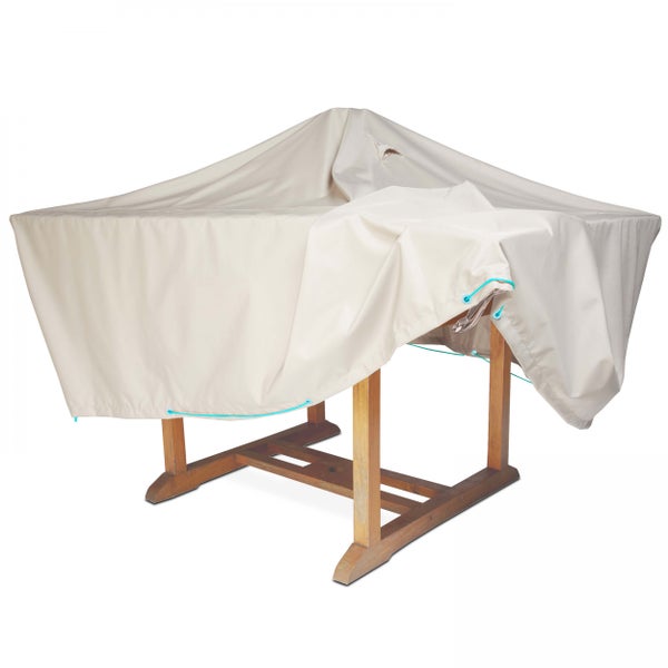 Schutzhülle für Gartentische aus wetterfestem Material mit Kordelzug und Belüftungsöffnung.