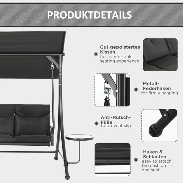 Outsunny Hollywoodschaukel mit Couchtische, 3-Sitzer Gartenschaukel mit verstellbarem Sonnendach, Schaukelbank belast bis 300kg, für Garten, Terrasse, 278 x 135 x 177 cm, Schwarz