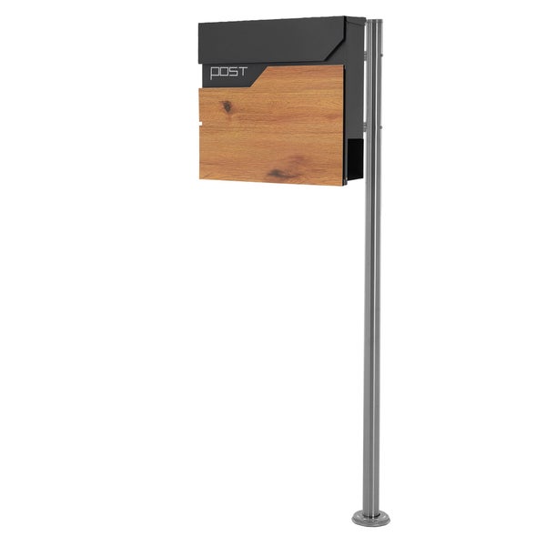 ECD Germany Standbriefkasten mit Zeitungsfach, Design Briefkasten mit Pfosten, Briefkastenanlage, Briefkastenständer Silber 120 cm Edelstahl, Postkasten Anthrazit-Holzoptik Edelstahl pulverbechichtet