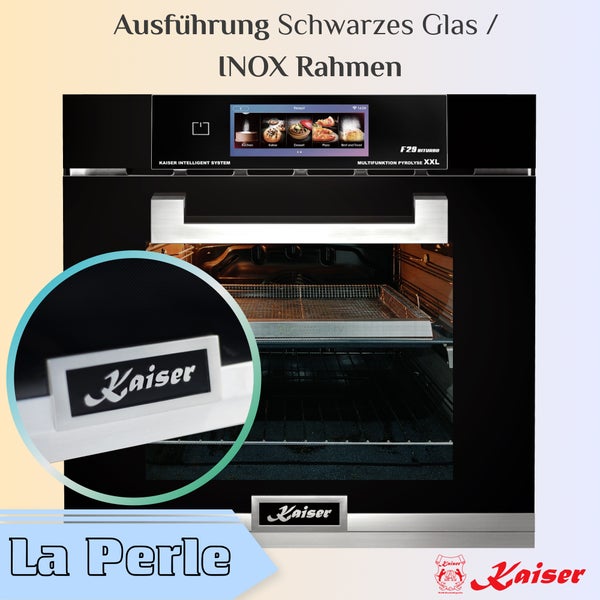 Kaiser Einbaubackofen mit schwarzem Glas und Edelstahlrahmen inklusive Touchdisplay und Pyrolyse Funktion für die moderne Küche.
