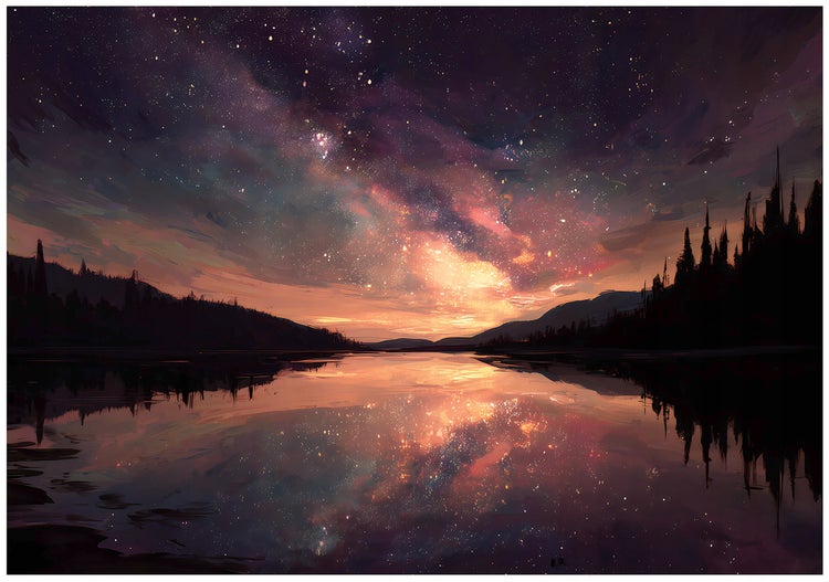 Illustration einer Sternennacht über einem See mit Bäumen am Ufer