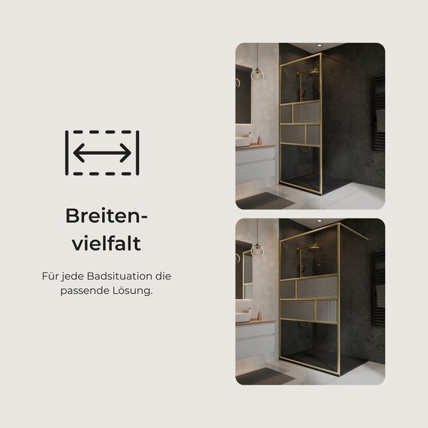 Symbol für Breitenvielfalt und zwei begehbare Duschwände mit Rahmen und strukturiertem Glas in unterschiedlichen Breiten in einem modernen Badezimmer.
