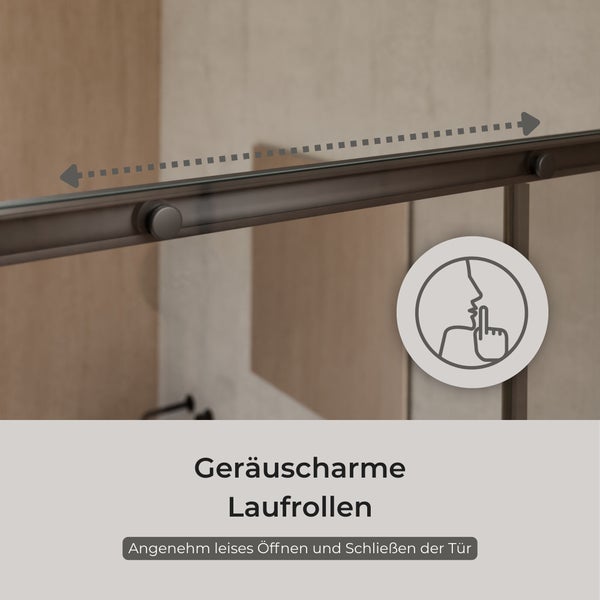 Detailaufnahme der geräuscharmen Laufrollen einer Schiebetür mit Symbol für leises Öffnen und Schließen.