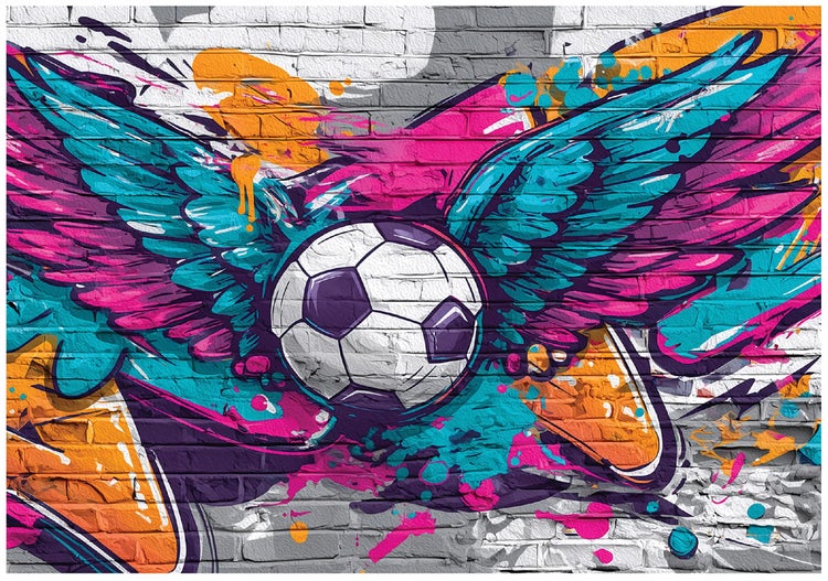 Fototapete mit Graffiti-Motiv Fußball mit Flügeln in Backstein-Optik.