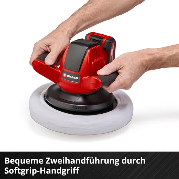 Einhell Akku-Poliermaschine mit Softgrip-Handgriffen für komfortable Zweihandführung.