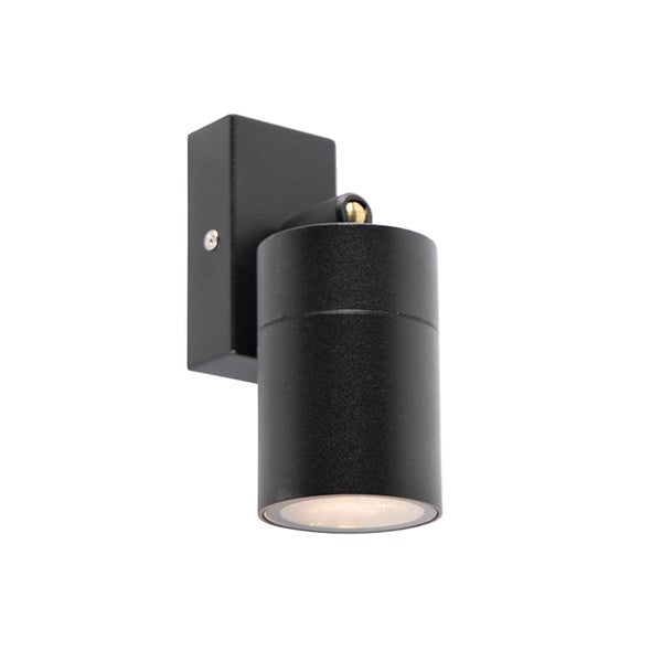 Zylindrische Wandleuchte aus schwarzem Metall mit verstellbarem Strahler und rechteckigem Wandsockel.