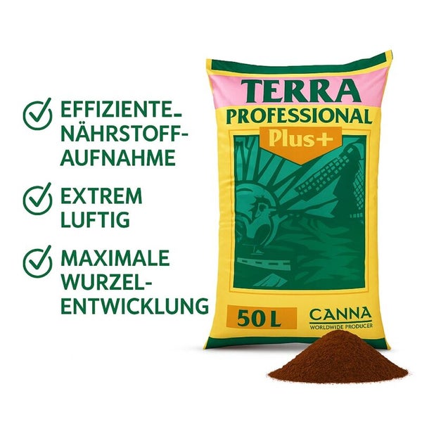 Canna Terra Professional Plus Blumenerde 50 Liter Sack mit effizienter Nährstoffaufnahme, luftiger Struktur und maximaler Wurzelentwicklung.