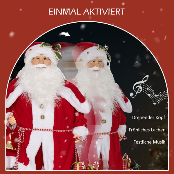 HOMCOM Weihnachtsmann 1,4 m stehende Weihnachtsmann mit Geschenk- und Weihnachtsglocken, Klassische Weihnachtsbaumdekoration mit Soundfunktion, Indoor, Rot