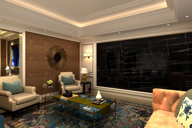 Wohnzimmer mit Sesseln, Couchtisch und dekorativer Wandgestaltung für ein stilvolles Interieur