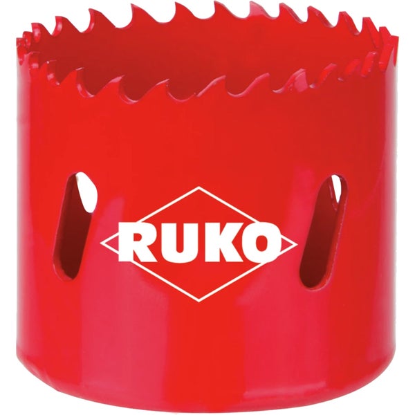 Rote Ruko Lochsäge mit gezacktem Rand und seitlichen Aussparungen. Ruko Logo.