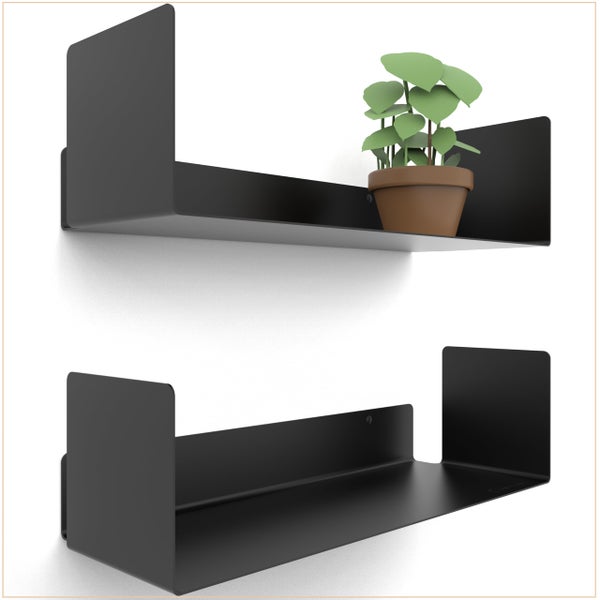 UNITURE® - 2er Set - Wandregal schwarz - Moderne Regal Wand Design - 2x42 cm Bücherregal schwebend, Bilderleiste schwarz - Wandregal, Regal schwarz, Regalbrett schwarz, wandregal schwarz Metall