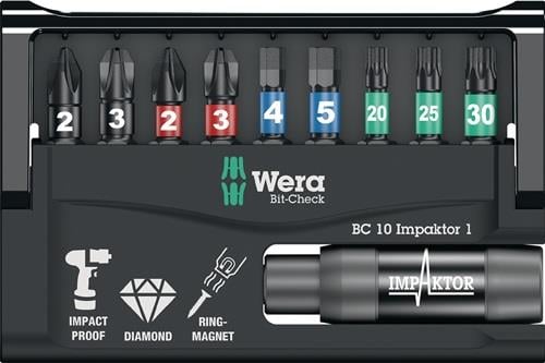 Wera Bit-Check mit verschiedenen Schrauberbits und Impaktor Halter