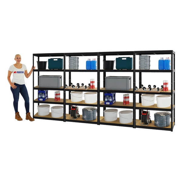 PROREGAL Mega Deal 4x Schwerlastregal Slim Elephant S HxBxT 180 x 90 x 45 cm 5 Ebenen Fachlast 350 kg Schwarz