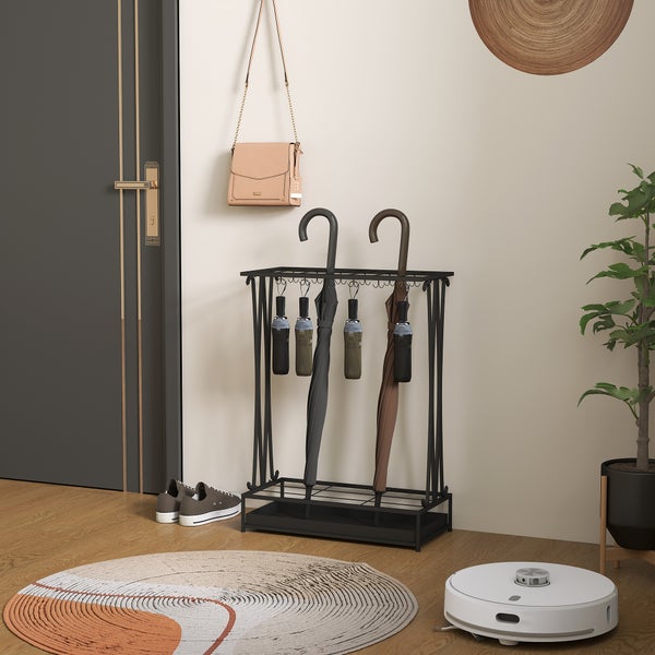 HOMCOM Regenschirmständer Stahl Schirmständer Rechteckiger Schirmhalter mit 24 Haken, 21 Löchern, herausnehmbare Wasserauffangschale für Gehstöcke & Regenschirme 50 x 24 x 68 cm Schwarz