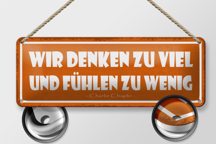 Blechschild Spruch 27x10cm wir denken viel und fühlen wenig Dekoration