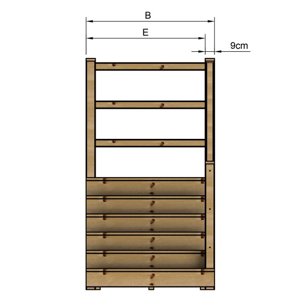 Schemazeichnung eines Hochbeets aus Holz mit Maßangaben