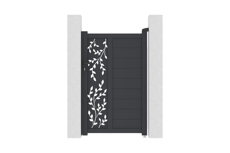 Gartentor aus Metall in Anthrazit mit dekorativem Blattmuster und waagerechten Lamellen, inklusive Griff und Schloss.