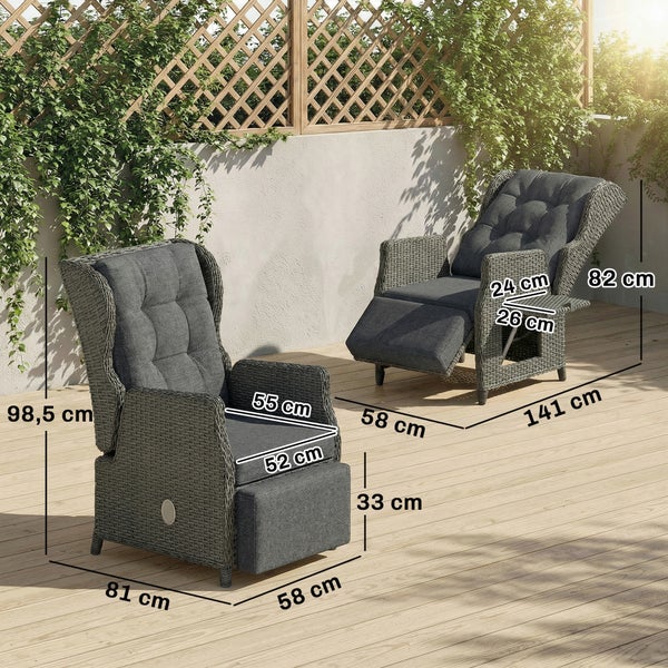 Zwei graue Garten-Relaxsessel aus Polyrattan mit Polstern auf einer Holzterrasse vor einer begrünten Wand mit Maßangaben in Zentimetern.