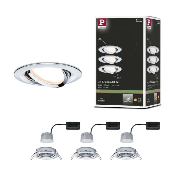 LED Einbauleuchte 3-Step-Dim Nova Coin Basisset schwenkbar rund 84mm 50° Coin 3x6W 3x470lm 230V dimmbar 2700K Chrom