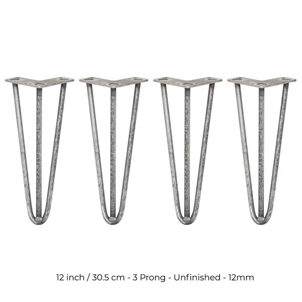 4 x 30.5cm Hairpin Tischbeine 3 Streben - 12mm - Rohstahl