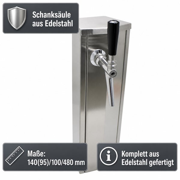 Bier Schanksäule aus Edelstahl mit Zapfhahn, Maße 140 mal 100 mal 480 Millimeter.