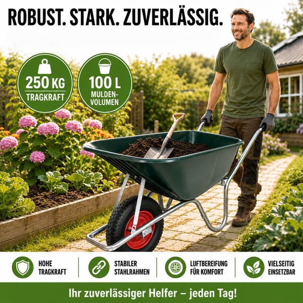 Schubkarre mit 100 Liter Muldenvolumen und 250 Kilogramm Tragkraft. Stabiler Stahlrahmen und Luftbereifung für den Garten.