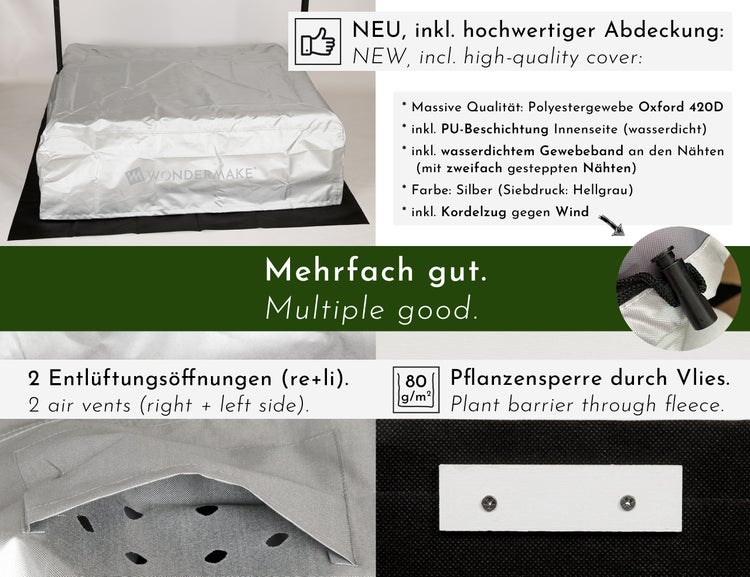 WONDERMAKE® Design Sandkasten mit Matschküche, Dach, Abdeckung OXFORD 420D, Vliesfolie, Sandkiste Holz quadratisch verschließbar Outdoor Garten für Kinder, schwarz weiß