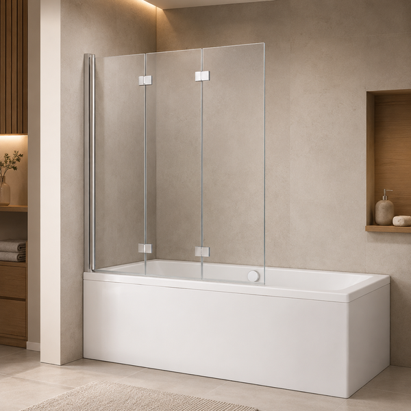Dreiteilige Badewannenfaltwand aus Klarglas mit Metallschanieren auf einer weißen Badewanne in einem hellen, modern eingerichteten Badezimmer.
