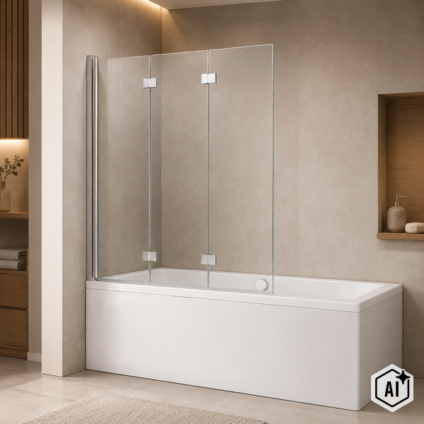 Dreiteilige Badewannenfaltwand aus Klarglas mit Metallschanieren auf einer weißen Badewanne in einem hellen, modern eingerichteten Badezimmer.