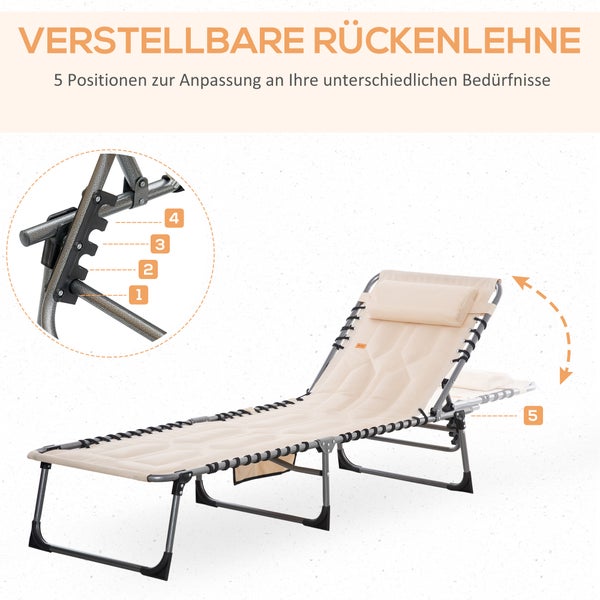 Outsunny Sonnenliege, klappbar Gartenliege mit Kopfkissen, Seitentasche, Liegestuhl mit 5-Fach verstellbare Rückenlehne, wetterfeste Campingliege bis 130 kg belastbar, für Garten Strand Pool, Beige